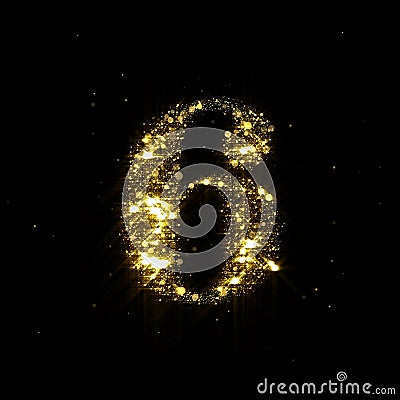 Golden glitter number 6, sparkling gold light and glowing gold particles shine font. Number six of shimmering sequins and glow Stock Photo