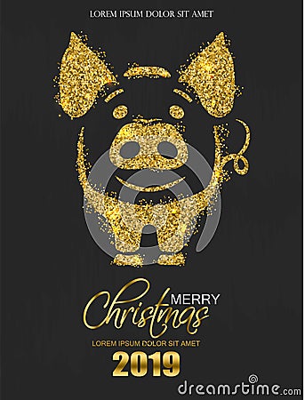 Golden glitter pig icon New Year card Vector. Shiny sparkle holiday invitation cards dark backgrounds Vector Illustration