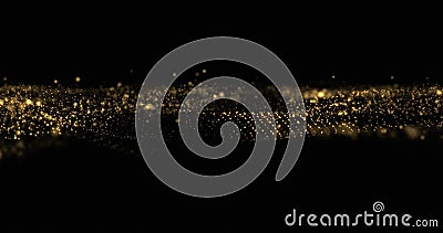 Golden glitter and sparkling bokeh light wave in black space background. Gold glittering particles sparkles, shimmering light Stock Photo