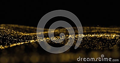 Golden glitter, sparkling light particles and glowing dust wave. Gold bokeh light glow, shimmering sparks flow splash wave on Stock Photo