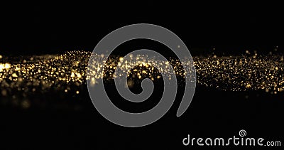 Golden glitter wave, shining particles and glowing sparkles wave flow. Gold glittering sparks, shimmering light flow wave on black Stock Photo