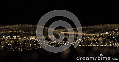 Golden glitter wave, sparkling light particles and glowing dust flow effect. Gold bokeh light glow, shimmering sparks splash wave Stock Photo