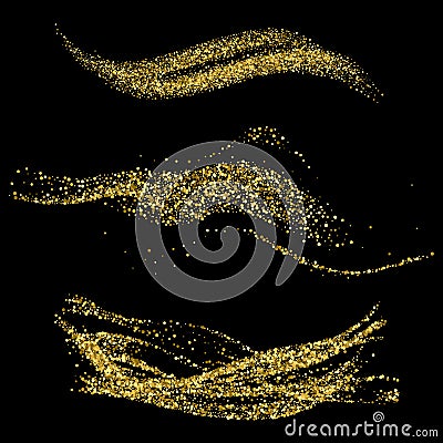 Golden glittering dust tails. Shimmering gold waves with sparkles vector set. Glow wave light, glitter sparkle golden Vector Illustration