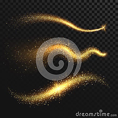 Golden glittering dust tails. Shimmering gold waves with sparkles vector set Vector Illustration