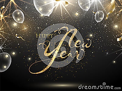 Golden Glittering Font of Happy New Year Text with White Transparent Balloons, Stars and Lights Effect Stock Photo