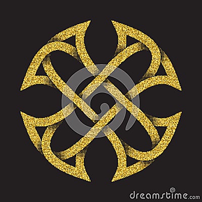 Golden glittering logo symbol in Celtic style on black background. Tribal symbol in cross form. Gold stamp for jewelry design Vector Illustration