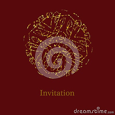 Golden glittering logo template in Celtic knots style on dark red background. Gold ornament for jewelry design. Vector Illustration