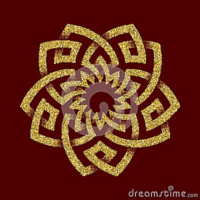 Golden glittering logo template in Celtic knots style on dark red background. Tribal symbol in pentagon maze form. Vector Illustration