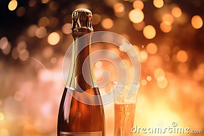Golden glittering shiny champagne sparkling wine alcohol bottle glass confetti holidays evening event festive Stock Photo