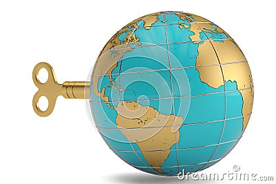 Golden globe and toy key isolated on white background 3D illustration Cartoon Illustration