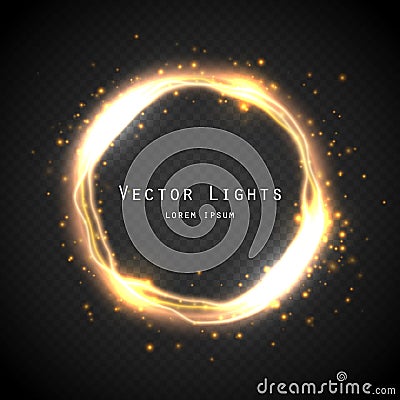 Golden glow round frame with electric discharge effect isolated Vector Illustration