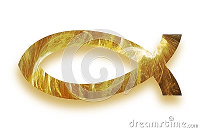 Golden glowing christian fish ichthys symbol with drop shadow Stock Photo