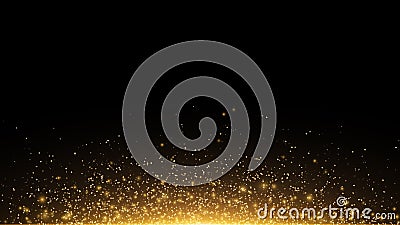 Golden glowing dust on a black horizontal background. Backlight from the bottom. Template for the project. Sparkle dots, round tin Cartoon Illustration