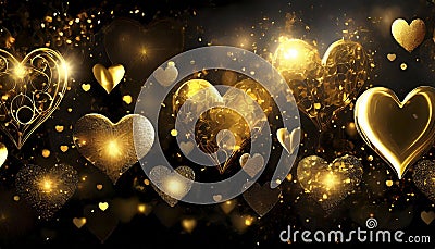 golden glowing hearts on dark background Stock Photo