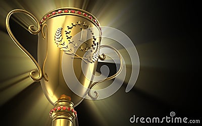 Golden glowing trophy cup on black background Stock Photo