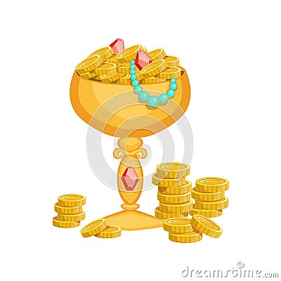 Golden Goblet With Gold Coins And Jewelry,Hidden Treasure And Riches For Reward In Flash Came Design Variation Vector Illustration