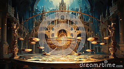 A golden gothic style castle with a clock. Generative AI image. Stock Photo