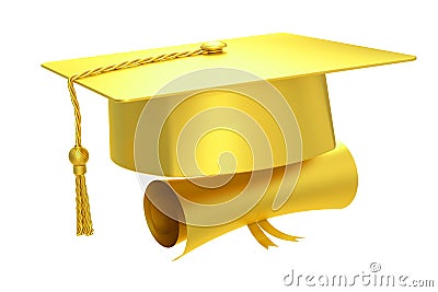 Golden graduation cap diploma, 3D rendering Stock Photo