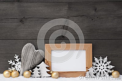 Golden Gray Christmas Decoration, Snow, Copy Space Stock Photo