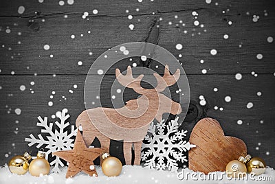 Golden Gray Christmas Decoration, Snow, Moose, Hear, Snowflakes Stock Photo