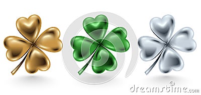 Golden, green and silver clover leaf isolated on white background, vector illustration for St. Patrick day Vector Illustration