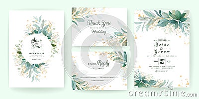 Golden greenery wedding invitation template set with leaves, glitter, frame, and border. Floral decoration vector for save the Vector Illustration