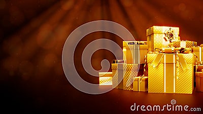 golden group of surprise gifts for xmas with empty place - industrial 3D illustration Stock Photo