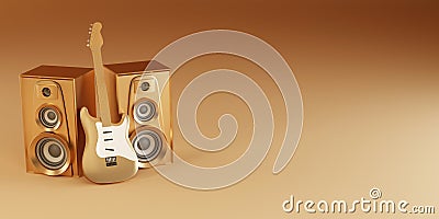 Golden guitar and louspeakers on yellow background Stock Photo