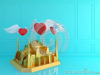 Golden Hagia Sophia with red heart in blue room .Love travel Turkey concept.3d render Stock Photo