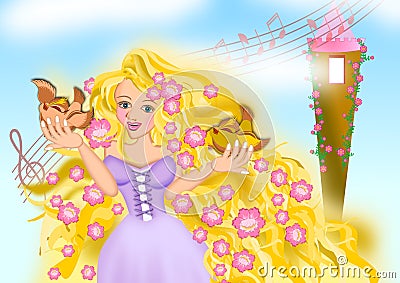 Golden hair princess Rapunzel in soft color scene Cartoon Illustration