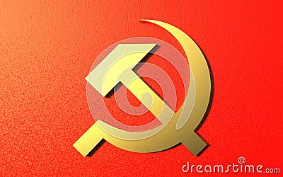 Golden hammer and sickle on a red background. Stock Photo