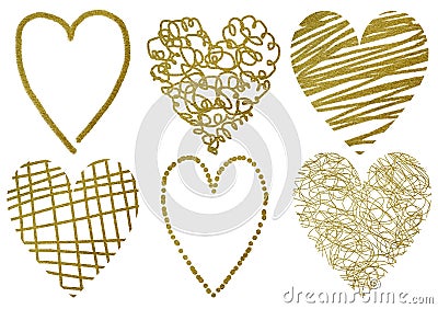 Golden hand-drawn artistic hearts collection. Valentine's day and wedding design. Love hearts. Stock Photo