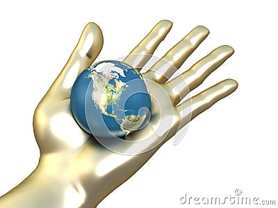 Golden hand with earth Cartoon Illustration