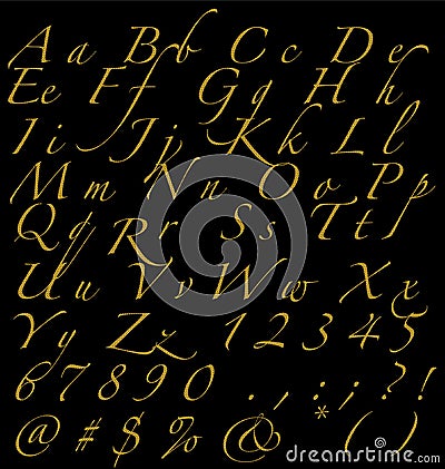 Golden Handwritten Alphabet Numbers And Signs On Dark Background Vector Illustration