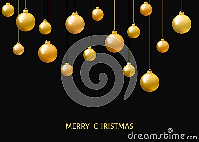 Golden hanging Christmas balls isolated on black background. Vector Illustration