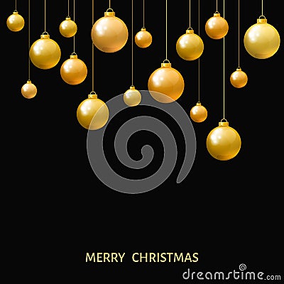 Golden hanging Xmas balls. Vector Illustration