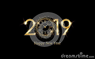 Golden happy new year 2019 and clock face with burst glitter on black color background Stock Photo