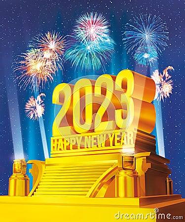 Golden Happy New Year 2023 on a platform against starry night and fireworks celebration Stock Photo