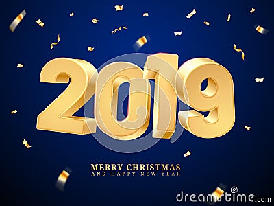 Golden 2019 happy new year and merry christmas Vector Illustration