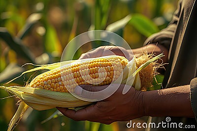 Golden Harvest Delight Gentle Hands Holding Ripe Yellow Corn in a Vibrant Cornfield. created with Generative AI Stock Photo