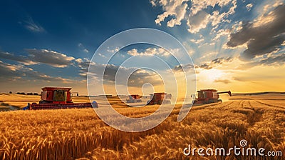 Golden Harvest: Real Landscape with Barley Machines Under the Sun Stock Photo