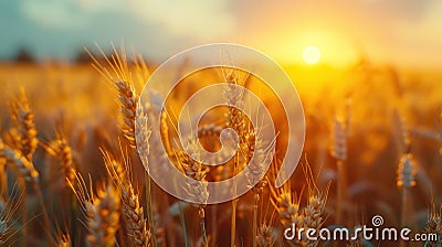 Golden Harvest: Stunning Rural Sunset with Close-up of Wheat Field, Nature's Bounty and Growth, Natural Product, Summer Stock Photo