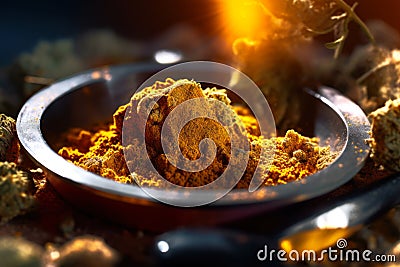 golden hashish from hemp pollen in a plate, medical marijuana extract texture generative ai Stock Photo