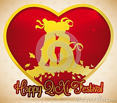 Golden Heart with Couple Silhouette Celebrating Qixi Festival, Vector Illustration Vector Illustration
