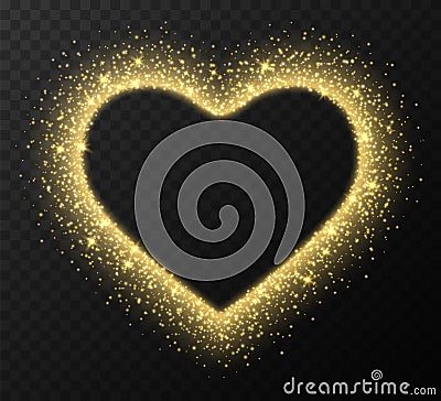 Golden heart frame with sparkles and flares, abstract luminous particles, yellow stardust light effect Vector Illustration