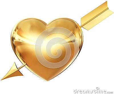 Golden heart pierced by arrow Stock Photo