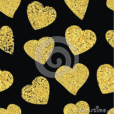 Golden Heart seamless pattern. Black background. Vector Illustration