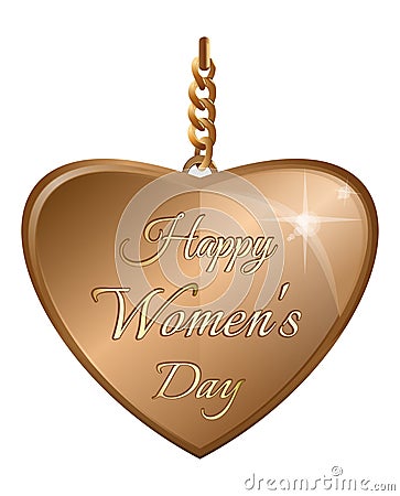 Golden heart for Womens Day. Gold pendant in the shape of a heart with an greeting inscription Vector Illustration