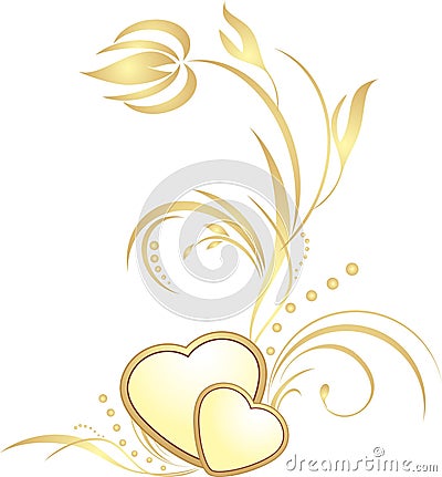 Golden hearts with decorative sprig Vector Illustration