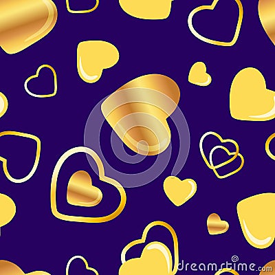 Golden hearts seamlees pattern on blue dark background Vector Illustration